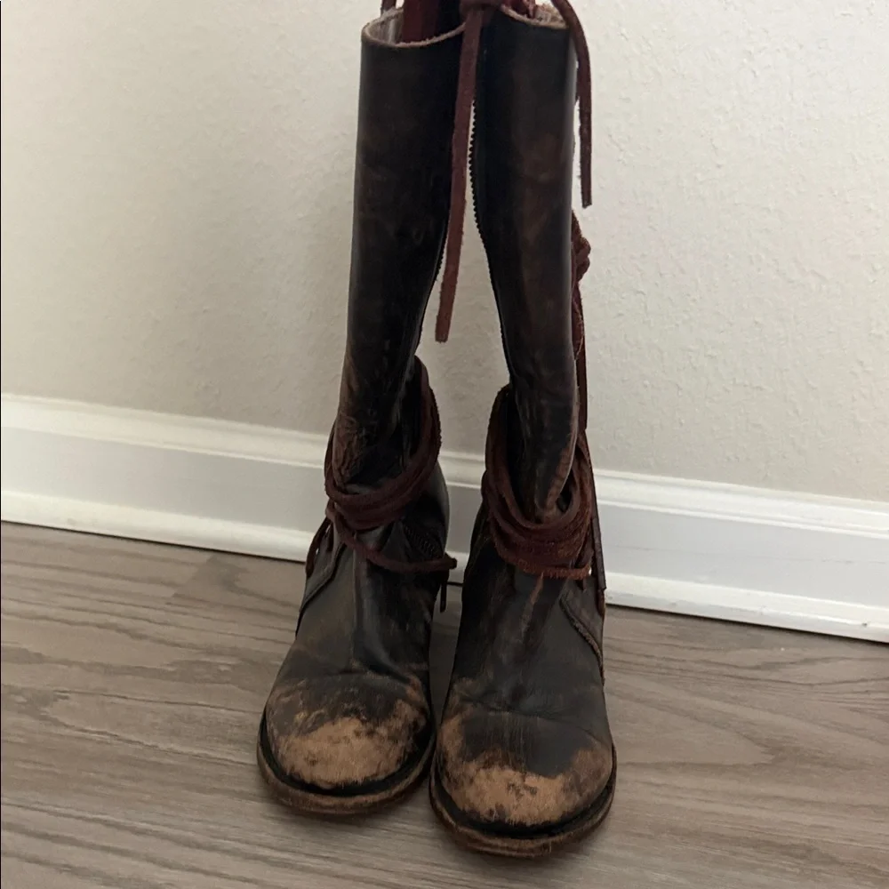 Frye Women's Distressed Brown Lace-Up Tall Boots - Picture 5 of 7